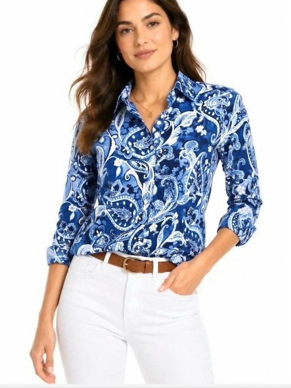 NWT Lauren Ralph Lauren Blue White Paisley 100% Cotton Button Down Shirt Small